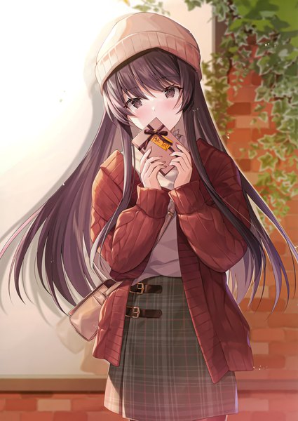 Anime picture 2502x3536 with original kagachi saku single long hair tall image looking at viewer blush fringe highres hair between eyes brown hair standing holding brown eyes long sleeves scan open clothes plaid skirt covered mouth against wall