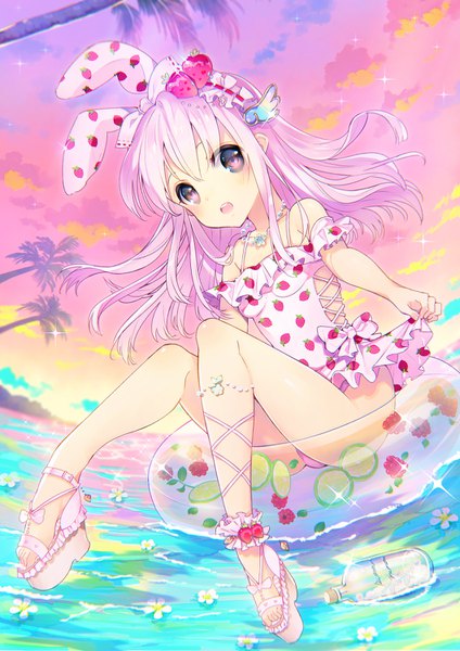 Anime picture 1060x1500 with original rugo single long hair tall image looking at viewer fringe open mouth light erotic animal ears pink hair sky cloud (clouds) full body pink eyes bunny ears floating hair fake animal ears food print fisheye
