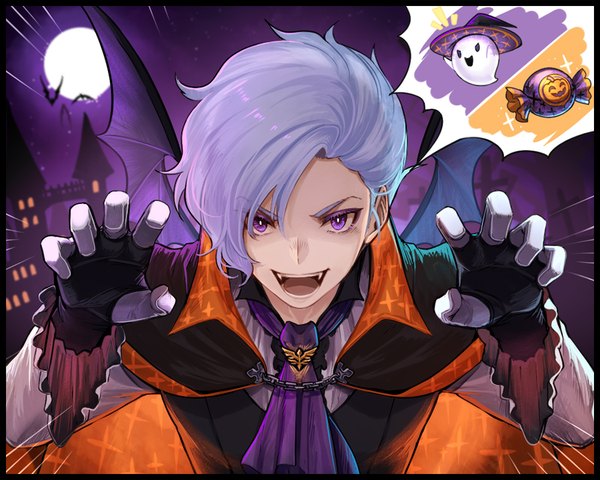 Anime picture 900x720 with mobile suit gundam gundam unicorn sunrise (studio) angelo sauper tenyo0819 single looking at viewer short hair open mouth purple eyes silver hair upper body :d border halloween bat wings ghost claw pose trick or treat boy