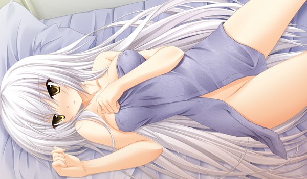 Anime picture 1024x600 with sora to kumo to kimi no koi long hair blush light erotic wide image yellow eyes game cg white hair lying naked towel girl towel