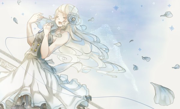 Anime picture 1400x850 with original mizutamari tori single long hair blush open mouth blonde hair wide image eyes closed hair flower girl dress hair ornament petals microphone wire (wires)