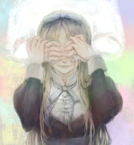 Anime picture 1190x1292 with axis powers hetalia studio deen belarus (hetalia) takuan long hair tall image blonde hair smile holding hands hand on head crying ghost covering eye (eyes) girl dress bow hair bow bowtie bandage (bandages) buttons