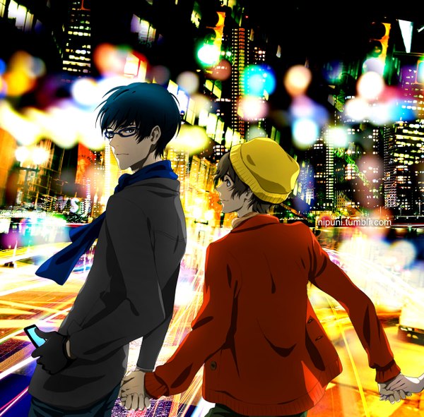 Anime picture 1280x1261 with zankyou no terror mappa twelve nine nipuni fringe short hair blue eyes black hair smile brown hair holding brown eyes profile looking back from behind multiple boys city holding hands shounen ai