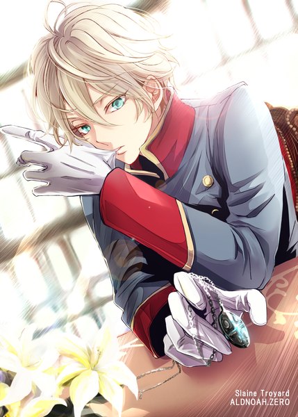 Anime picture 1000x1397 with aldnoah.zero a-1 pictures slaine troyard r u n a single tall image fringe short hair blonde hair sitting holding looking away aqua eyes lips mouth hold glow glove biting boy gloves uniform
