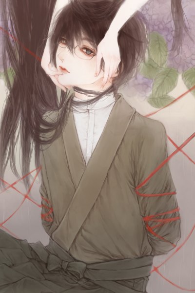 Anime picture 800x1200 with sayonara zetsubou sensei shaft (studio) itoshiki nozomu yukishiro (hitsuji) long hair tall image short hair blue eyes black hair bondage hands on face boy flower (flowers) glasses hands thread red thread