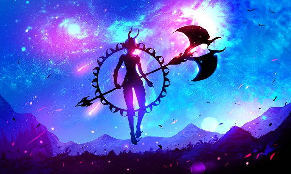 Anime picture 1499x901 with original ryky single wide image holding horn (horns) wind blurry night night sky lens flare mountain flying oni horns silhouette shooting star constellation girl weapon plant (plants)