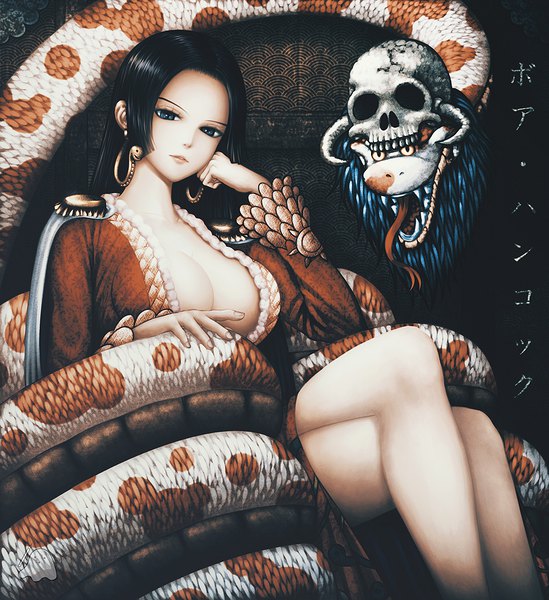 Anime picture 925x1010 with one piece toei animation boa hancock salome (one piece) critter100 single long hair tall image looking at viewer breasts blue eyes light erotic black hair large breasts sitting cleavage parted lips fang (fangs) crossed legs hieroglyph