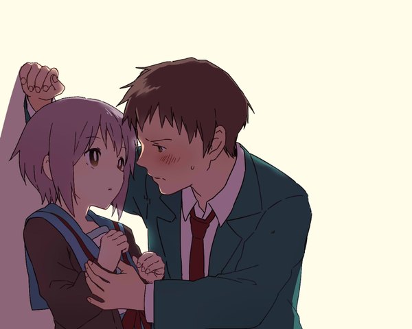 Anime picture 1500x1200 with suzumiya haruhi no yuutsu kyoto animation nagato yuki kyon a-ka blush fringe short hair brown hair brown eyes purple hair fingernails couple eye contact girl boy uniform school uniform shirt necktie