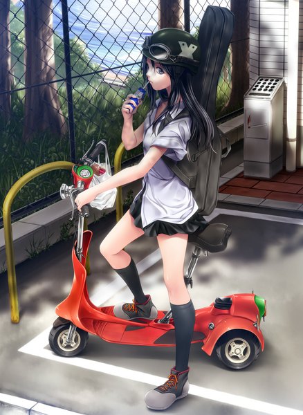 Anime picture 730x1000 with original rezi single long hair tall image looking at viewer blue eyes black hair girl skirt plant (plants) shirt tree (trees) socks shoes black socks goggles helmet fence scooter