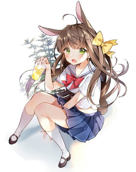 Anime picture 1000x1258 with original pingo single long hair tall image looking at viewer blush fringe open mouth simple background brown hair white background sitting green eyes animal ears full body ahoge tail animal tail pleated skirt