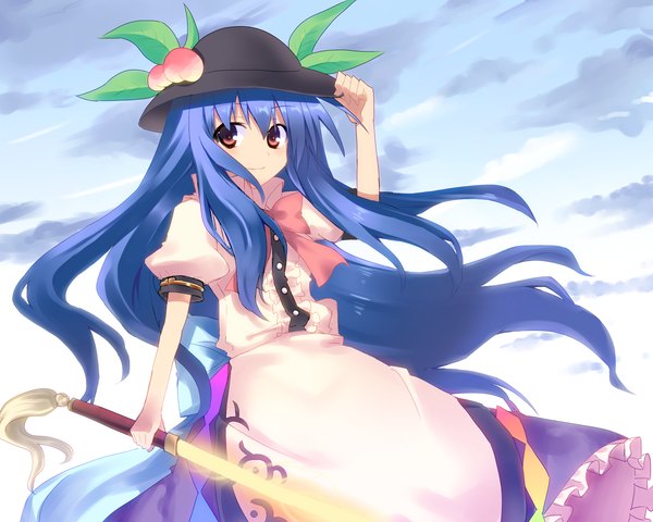 Anime picture 2500x2000 with touhou hinanawi tenshi long hair highres smile brown eyes blue hair sky girl hat sword
