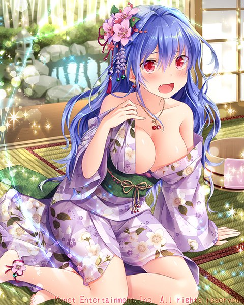 Anime picture 640x800 with falkyrie no monshou natsumekinoko single long hair tall image looking at viewer blush fringe breasts open mouth light erotic hair between eyes red eyes sitting bare shoulders payot blue hair bent knee (knees) indoors long sleeves