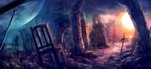 Anime picture 1300x597 with original 317/miiina (pixiv) wide image sky landscape ruins water moon chair cross sun
