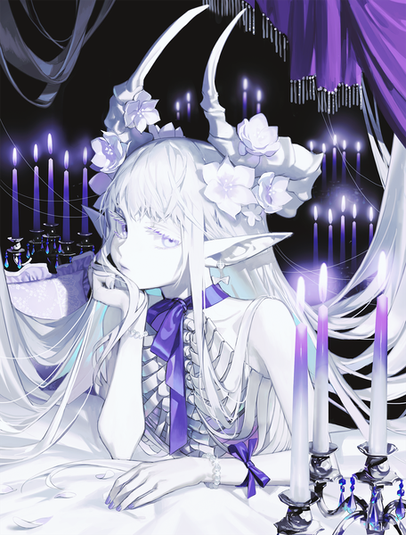 Anime picture 1139x1500 with original on (onon2659) single tall image looking at viewer purple eyes white hair very long hair hair flower horn (horns) pointy ears sleeveless chin rest white skin girl flower (flowers) bracelet candle (candles)