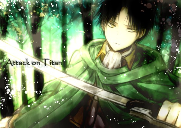 Anime picture 1200x850 with shingeki no kyojin production i.g levi (rivaille) angel31424 short hair black hair yellow eyes inscription boy weapon plant (plants) sword tree (trees) cape collar forest