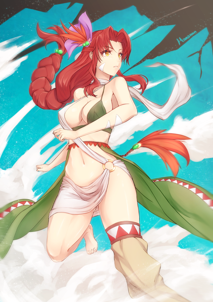 Anime picture 744x1052 with hananon single long hair tall image light erotic yellow eyes looking away bent knee (knees) red hair open clothes girl navel clothes