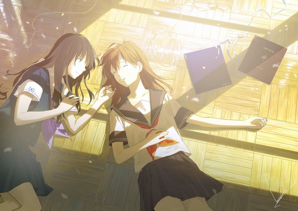 Anime picture 1835x1304 with original loundraw long hair fringe highres hair between eyes brown hair multiple girls brown eyes signed looking away ahoge bent knee (knees) lying eyes closed parted lips pleated skirt from above sunlight shadow