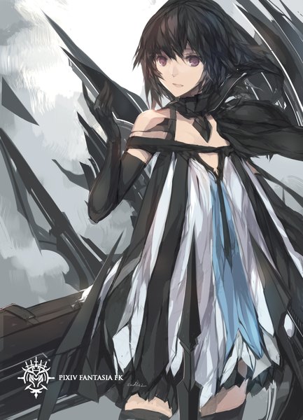 Anime picture 1637x2267 with original pixiv fantasia pixiv fantasia fallen kings paradise (character) swd3e2 single tall image looking at viewer short hair black hair bare shoulders brown eyes girl dress gloves weapon elbow gloves