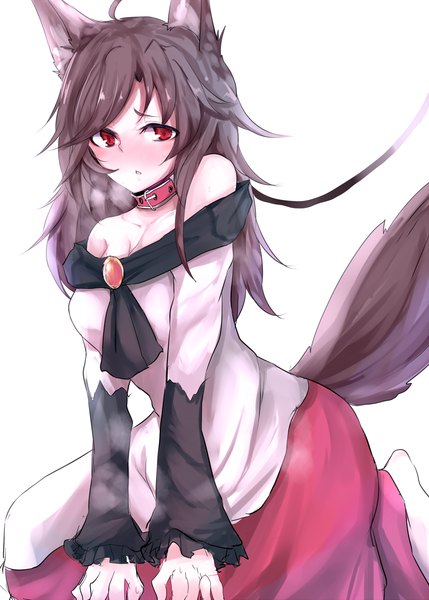 Anime picture 800x1119 with touhou imaizumi kagerou nyakonro (nekonro) single long hair tall image looking at viewer blush simple background red eyes brown hair standing white background bare shoulders animal ears bent knee (knees) tail parted lips animal tail kneeling