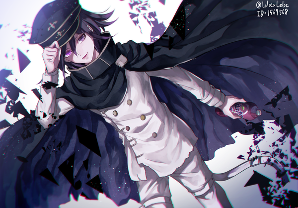 Anime picture 1339x934 with dangan ronpa new danganronpa v3 ouma kokichi z-epto (chat-noir86) single looking at viewer fringe short hair open mouth black hair hair between eyes standing purple eyes holding signed shaded face adjusting hat double buttons boy cloak