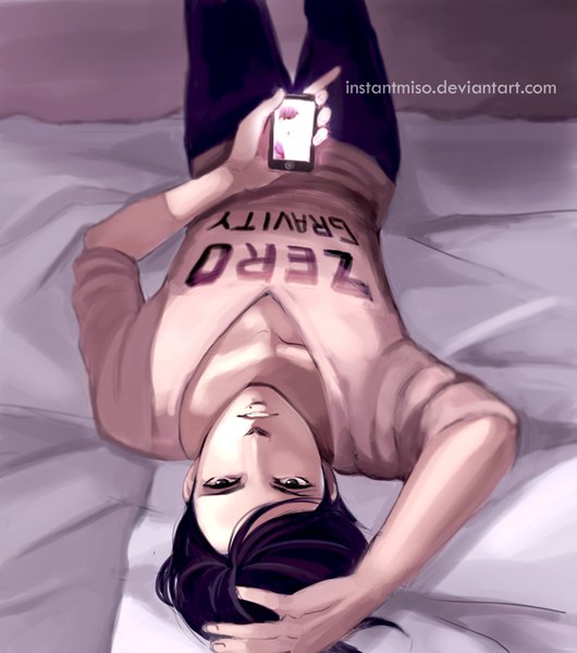 Anime picture 1280x1449 with instantmiso single tall image looking at viewer short hair purple hair lying black eyes hand on head clothes writing upside down boy mobile phone
