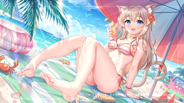 Anime picture 1250x703 with original sannio single long hair looking at viewer blush fringe breasts open mouth blue eyes light erotic blonde hair smile hair between eyes wide image large breasts sitting bare shoulders holding signed