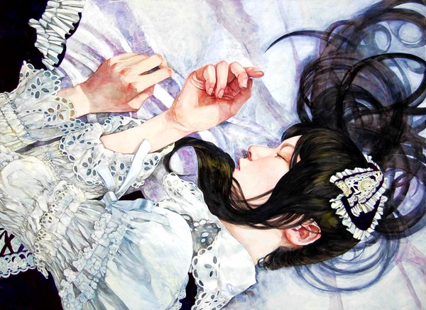 Anime picture 1272x927 with original roe (d-c -b) single long hair black hair lying eyes closed profile sleeping gothic girl dress headdress