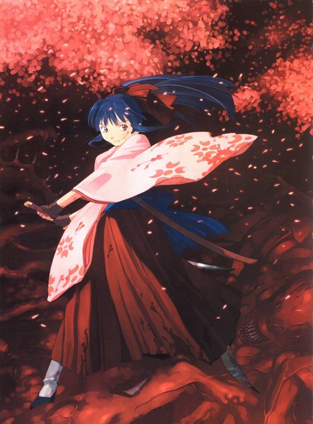 Anime picture 3282x4445 with sakura taisen shinguuji sakura ogata kouji single long hair tall image highres brown eyes blue hair absurdres ponytail japanese clothes girl gloves bow hair bow petals sword katana blood