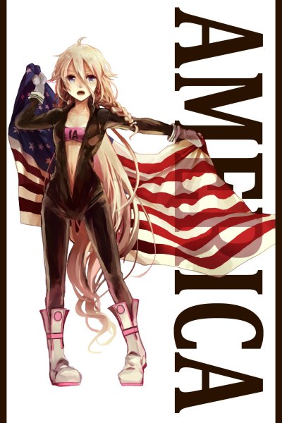 Anime picture 800x1200 with vocaloid ia (vocaloid) shutane single tall image looking at viewer open mouth blue eyes blonde hair ahoge braid (braids) very long hair inscription single braid girl gloves boots bodysuit flag american flag
