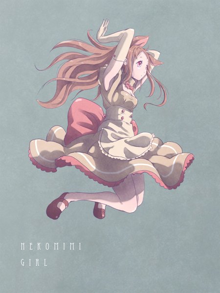 Anime picture 1200x1600 with original satyuas single long hair tall image simple background red eyes brown hair animal ears looking away cat ears arms up jumping girl dress gloves elbow gloves apron