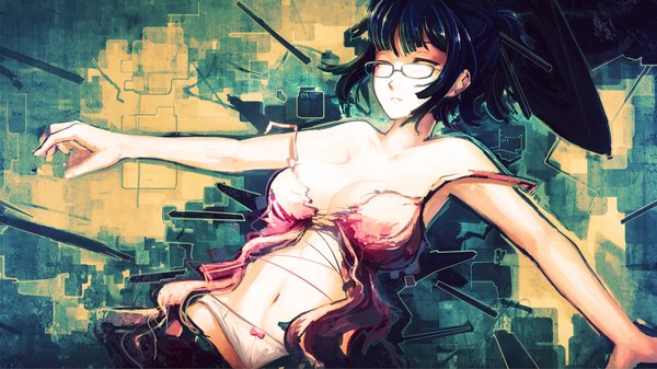 Anime picture 1920x1080 with original saimon ma single highres short hair light erotic black hair wide image cleavage eyes closed girl navel underwear panties hat glasses