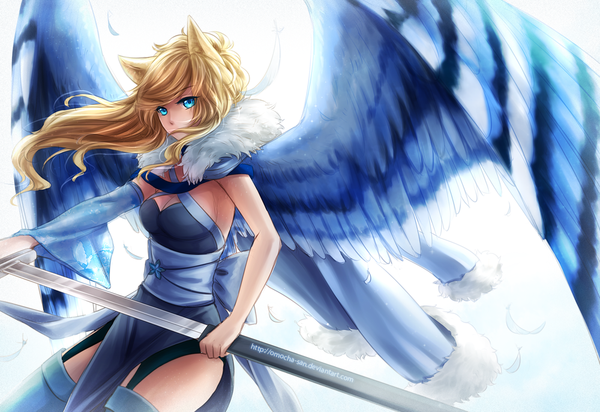 Anime picture 1100x756 with original zenithomocha single long hair blue eyes light erotic simple background blonde hair white background animal ears angel wings girl weapon sword sheath