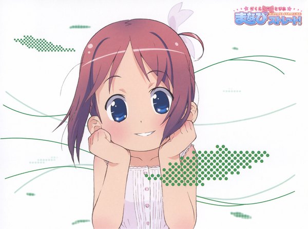 Anime picture 2089x1556 with gakuen utopia manabi straight amamiya manami single looking at viewer highres short hair blue eyes smile brown hair white background bare shoulders payot upper body head rest girl chemise
