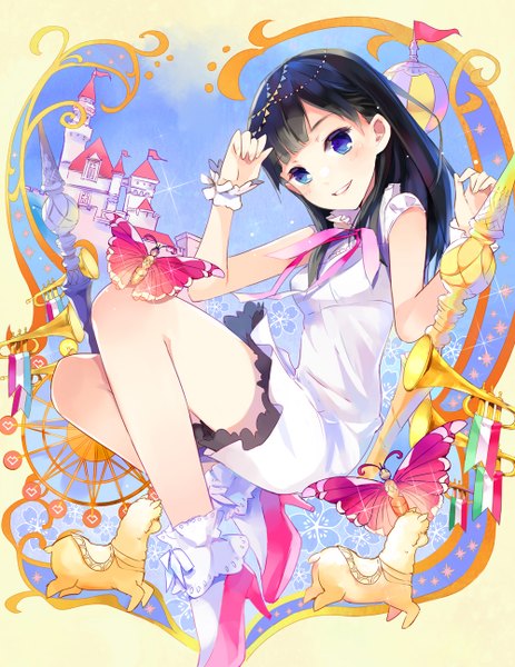 Anime picture 1000x1294 with real life akb48 (group) watanabe mayu (singer) ll.ee. single long hair tall image looking at viewer blush fringe blue eyes black hair smile sky teeth high heels girl dress flower (flowers) animal