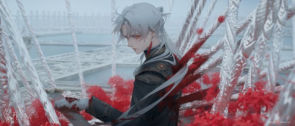 Anime picture 3360x1440 with honkai: star rail honkai (series) blade (honkai: star rail) yingxing (honkai: star rail) void 0 (artist) single long hair highres red eyes wide image looking away silver hair upper body boy flower (flowers) weapon earrings sword blood bandage (bandages)