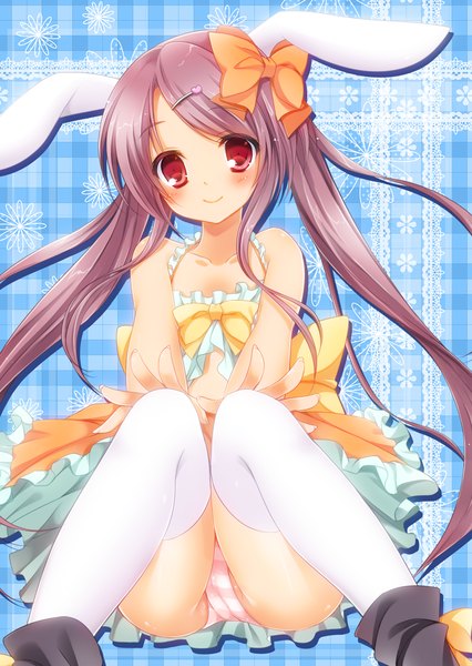 Anime picture 1000x1408 with original rinka (yuyutei) long hair tall image looking at viewer blush light erotic smile red eyes animal ears purple hair bunny ears girl thighhighs dress underwear panties bow hair bow white thighhighs