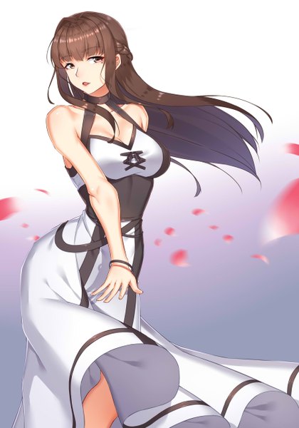 Anime picture 1800x2571 with original yi mian single long hair tall image looking at viewer fringe highres open mouth brown hair standing bare shoulders brown eyes cleavage wind mole mole under eye gradient background half updo girl