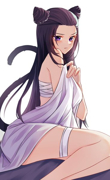 Anime-Bild 1640x2672 mit douluo continent zhu zhuqing (douluo dalu) shan chuan single long hair tall image looking at viewer blush light erotic black hair simple background white background sitting purple eyes payot bent knee (knees) tail animal tail hair bun (hair buns) covering
