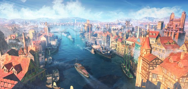 Anime picture 2000x956 with arsenixc highres wide image sky cloud (clouds) city cityscape mountain no people river building (buildings) bridge watercraft tower ship boat