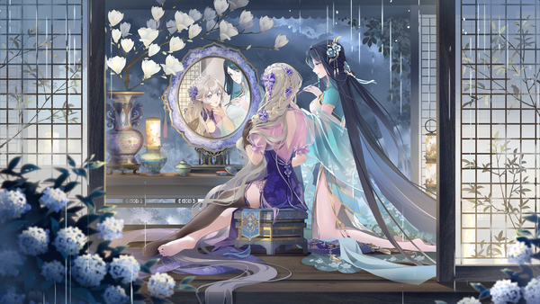 Anime picture 1920x1080 with original zuo600 blush fringe highres breasts open mouth blue eyes black hair smile wide image sitting multiple girls holding payot looking away silver hair full body indoors braid (braids)