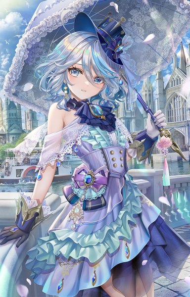 Anime picture 1200x1877 with genshin impact furina (genshin impact) torino aqua single tall image looking at viewer fringe short hair blue eyes hair between eyes bare shoulders holding blue hair silver hair outdoors multicolored hair alternate costume streaked hair girl dress