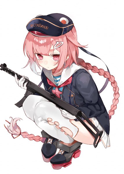 Anime picture 1191x1671 with girls frontline pps-43 (girls frontline) hasegawa (rarairairai) single tall image looking at viewer fringe light erotic simple background hair between eyes white background pink hair full body braid (braids) very long hair pink eyes single braid squat sailor collar russian