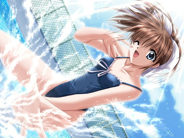Anime picture 1024x768 with izumo (game) yamamoto kazue blue eyes light erotic brown hair game cg girl swimsuit