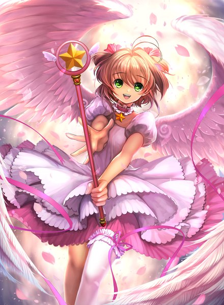 Anime picture 1100x1500 with card captor sakura clamp kinomoto sakura kudo kunugi single tall image looking at viewer short hair open mouth brown hair green eyes two side up girl thighhighs dress petals white thighhighs wings frills white dress