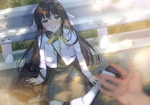 Anime picture 1280x901 with kimi wa hatsukoi no hito no musume hoshigami luna haru (hiyori-kohal) long hair looking at viewer blush fringe black hair hair between eyes sitting green eyes outdoors long sleeves blurry arm support official art tears lens flare solo focus crying