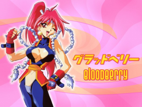 Anime picture 1024x768 with saber marionette j bloodberry kotobuki tsukasa long hair breasts light erotic red eyes bare shoulders pink hair cleavage ponytail one eye closed wink teeth midriff fang (fangs) wallpaper lipstick spandex gloves