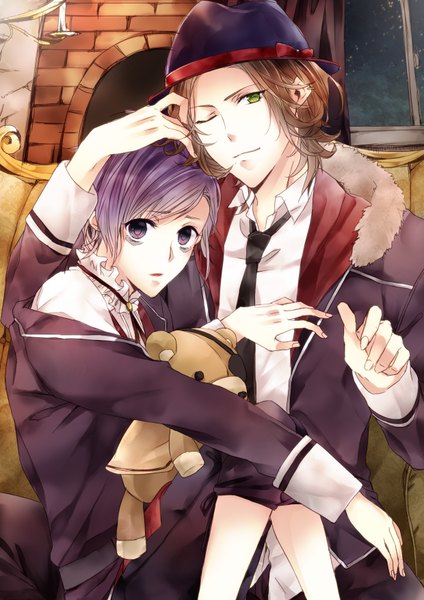 Anime picture 2480x3508 with diabolik lovers idea factory sakamaki kanato sakamaki raito tall image highres short hair sitting purple eyes green eyes purple hair red hair boy uniform school uniform hat window toy eyepatch stuffed animal