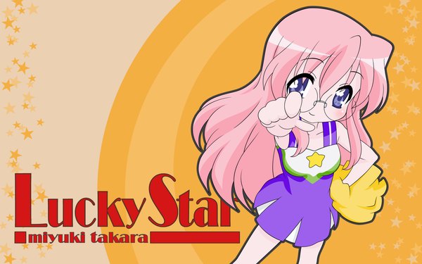 Anime picture 1920x1200 with lucky star kyoto animation takara miyuki single long hair highres wide image purple eyes pink hair chibi logo cheerleader girl glasses star (symbol)