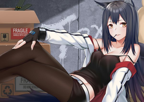 Anime picture 1240x877 with arknights texas (arknights) zui ai shuang mawei single long hair looking at viewer fringe breasts light erotic black hair bare shoulders holding brown eyes animal ears tail animal tail fingernails off shoulder open jacket midriff