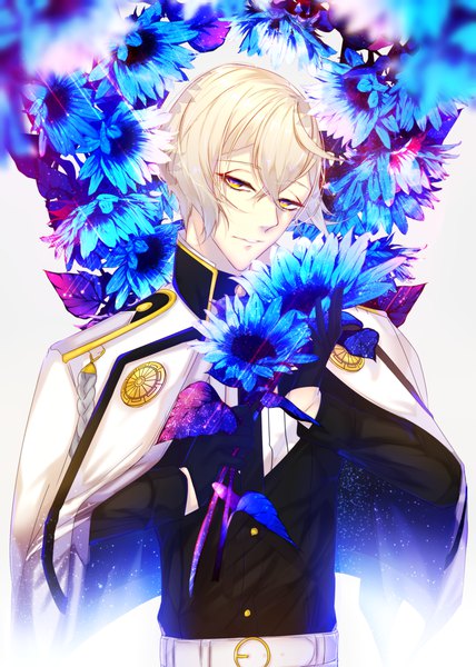 Anime picture 2500x3500 with touken ranbu nitroplus higekiri (touken ranbu) motsuni (lxxe1120) single tall image looking at viewer fringe highres short hair blonde hair hair between eyes yellow eyes upper body clothes on shoulders boy gloves flower (flowers) black gloves